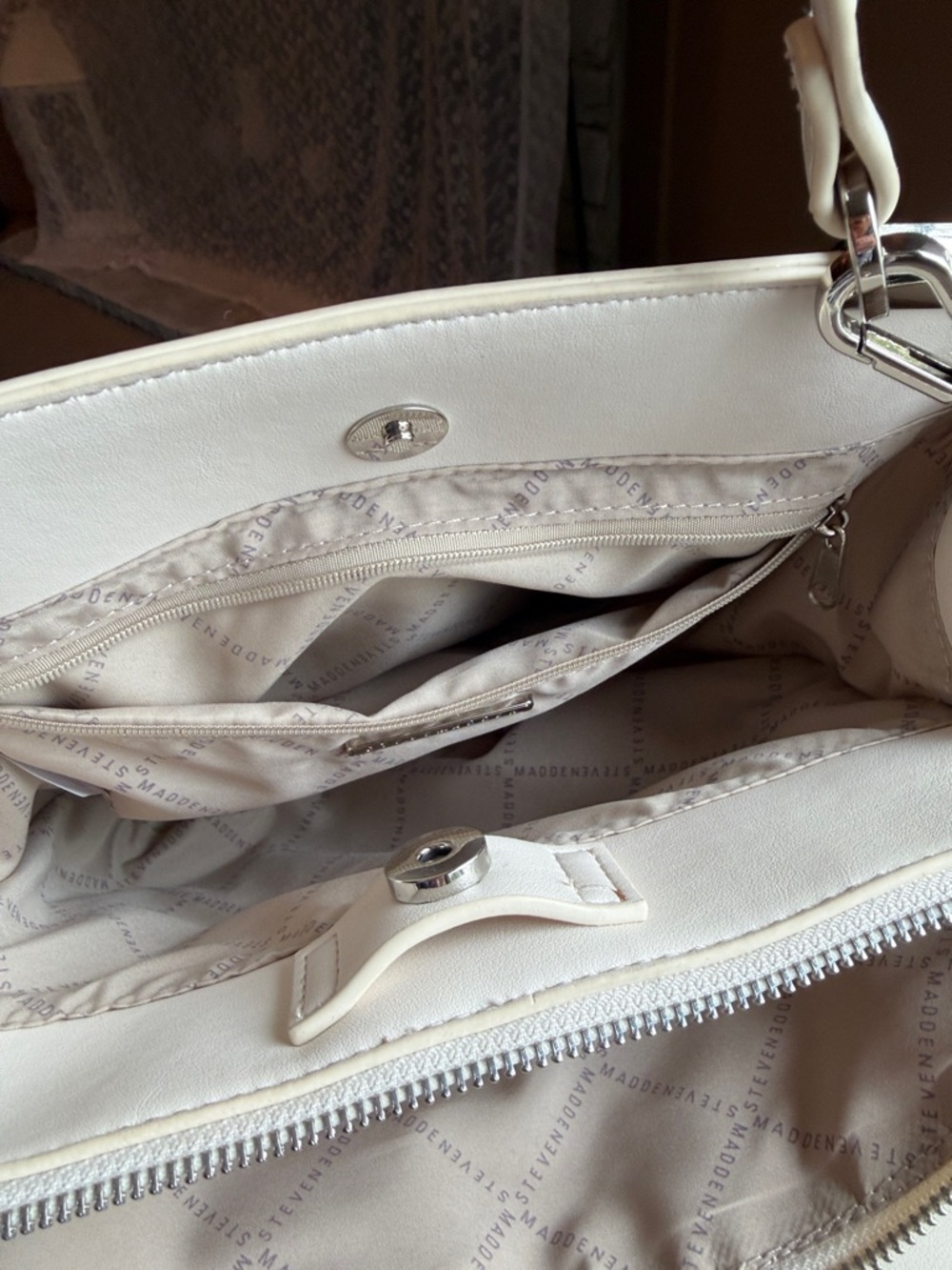 Steve Madden Cream Embossed SM Logo Satchel with Branded Strap - Picture 4 of 8